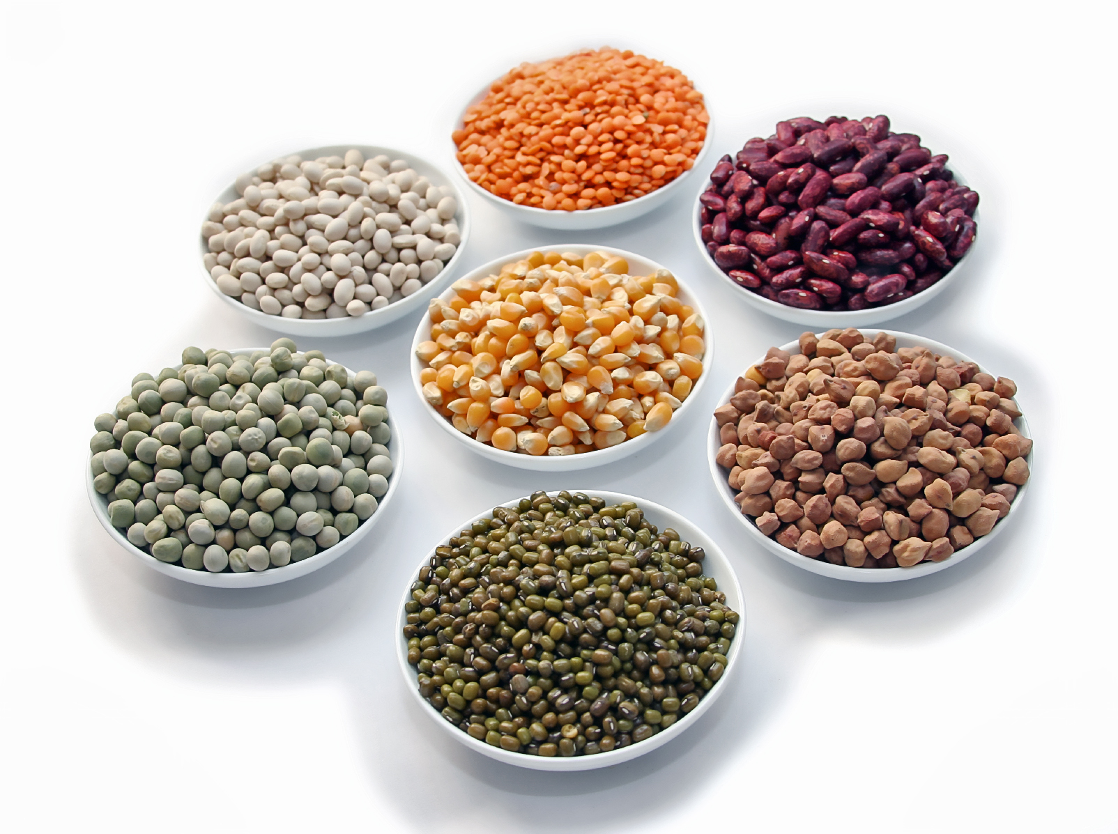 Display of food grains in white bowls